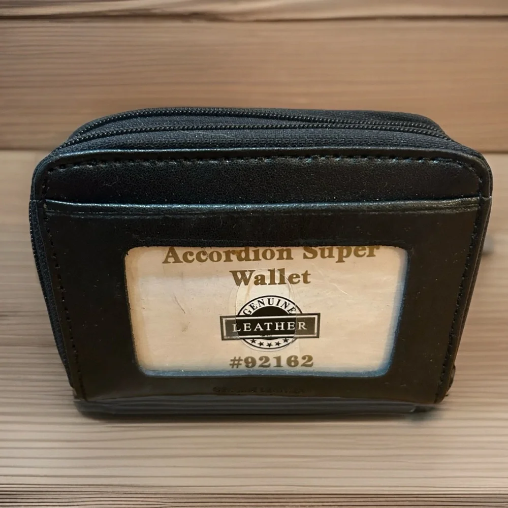 GENUINE LEATHER WOMEN'S BLACK ACCORDION ZIP WALLET CREDIT CARD COIN ORGANIZER